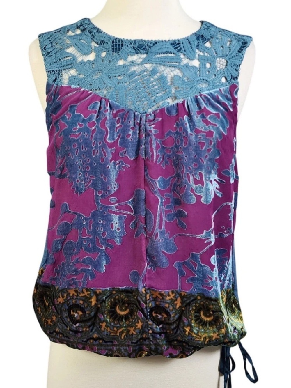 Anthropologie TINY Womens Mika Lacy Mixed Media Top-L Teal Violet Burnout Velvet